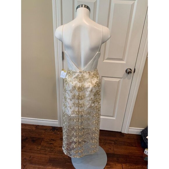 NBD White V-Neck Dress W/ Long Gold Floral Overlay, Size XS, NWT! - Picture 6 of 7